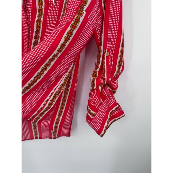 Michael Kors Womens orange Striped chain Patterned Blouse Long roll tab Sleeve S - Picture 8 of 13